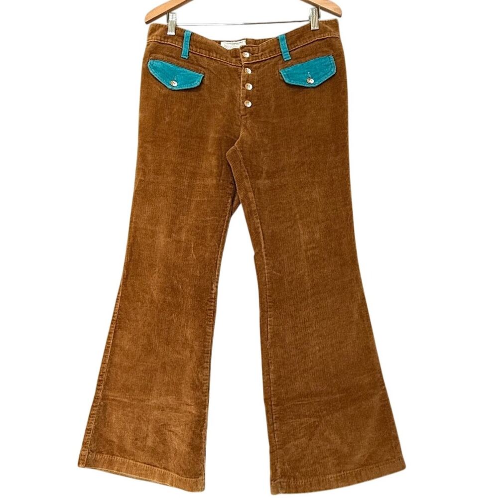 VTG 70s Velour Flare Pants Womens 33 12 Brown Bell Bottoms Low Rise Boho Western